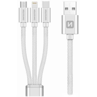 Swissten Datový kabel 3in1 MFi, 1,2 m, textilní, (micro USB, USB-C, Lightning) stříbrný