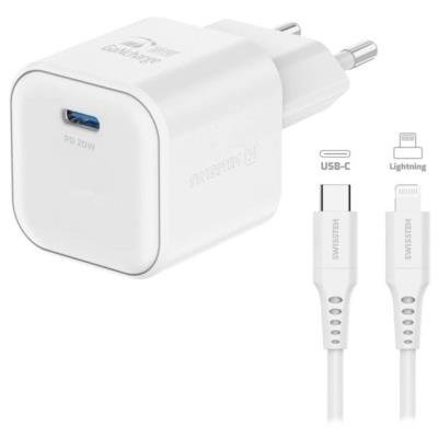 SWISSTEN GaN 1× USB-C PD 20W bílý + kabel USB-C/Lightning