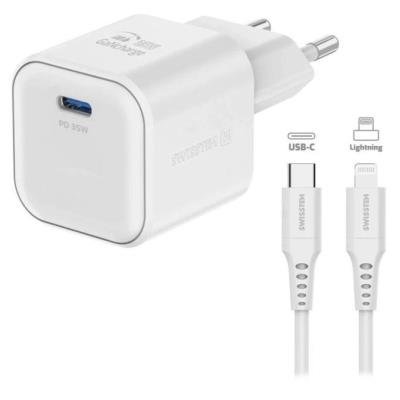 SWISSTEN GaN 1× USB-C PD 35W bílý + kabel USB-C/Lightning