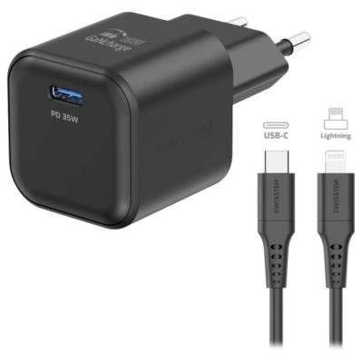 SWISSTEN GaN 1× USB-C PD 35W černý + kabel USB-C/Lightning