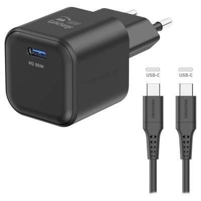 SWISSTEN GaN 1× USB-C PD 35W černý + kabel USB-C/USB-C