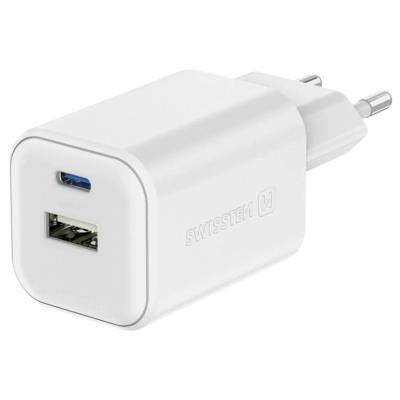 SWISSTEN GaN 1× USB-C PD 45W + 1× USB QC 18W bílý