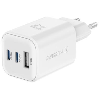 SWISSTEN GaN 2× USB-C PD 65W + 1× USB QC 18W bílý