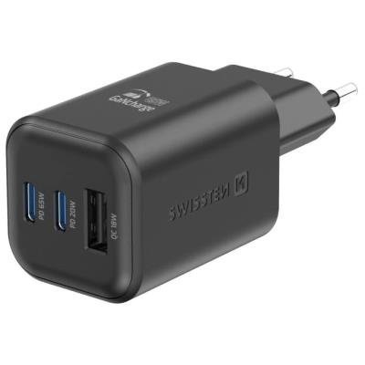 SWISSTEN GaN 2× USB-C PD 65W + 1× USB QC 18W černý