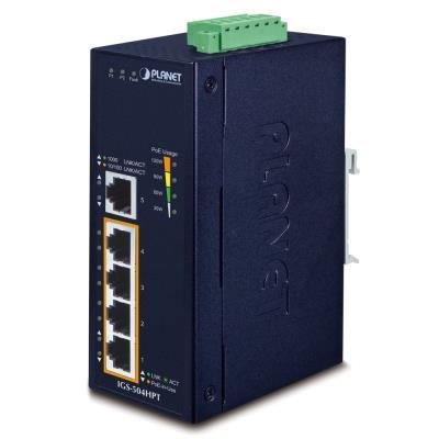 PLANET Průmyslový PoE switch, 5x1Gb, 4x PoE 802.3at 36/120W, -40až75°C, dual 12-56VDC, IP40, fanless