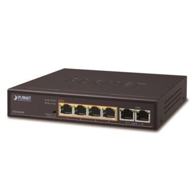 FSD-604HP, PoE switch 4x PoE 802.3at 60W+ 2x 100Base-TX,VLAN,extend mód 10Mb/s do 250m, fanless,ESD
