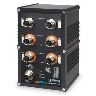 IGS-604HPT-M12, vodotěsný PoE switch 6x 1000Base-T / 4x PoE 802.3at 140W, EN50155, IP67,-40 až 75°C