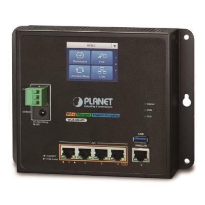 Planet WGR-500-4PV, průmyslový PoE router, 1xWAN 1Gbps, 4xLan 1Gbps, PoE 802.3at do 120W, -10 až 60°C, touch LCD